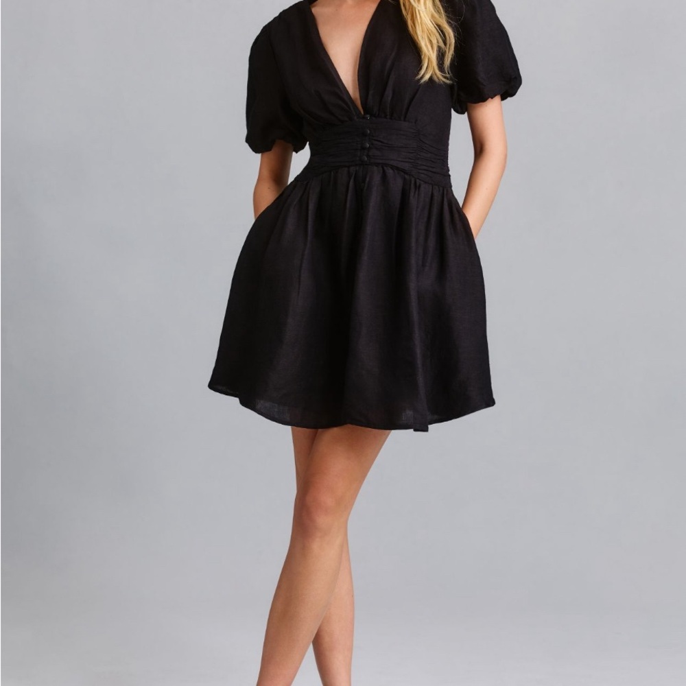 Anthropologie Black Plunge Neck Puff Sleeve Mini Dress